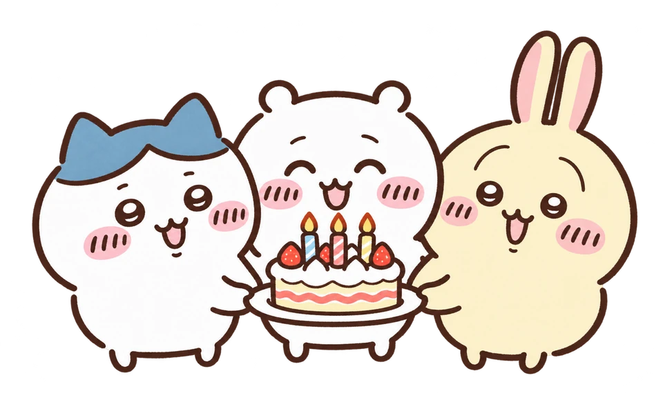 치이카와, 하치와레, 우사기가 딸기 케이크를 들고 함께 생일을 축하해요